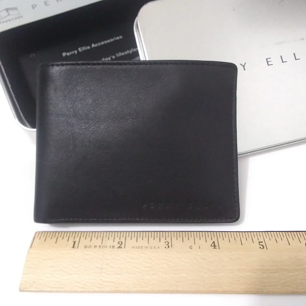 Perry Ellis Mens Black Leather Bifold Passcase Wallet with‎ Metal Gift Tin